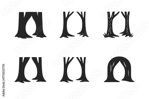 Forest Shortcut Logos. Forest shortcut. Set Logo of Forest shortcut: tree trunks forming opening. harmonious logo variations of the same emblematic concept,