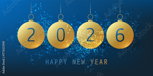 Modern Minimalist Simple Blue and Golden New Year Card, Cover or Background, Typography Design Template with Hanging Christmas Balls - 2026