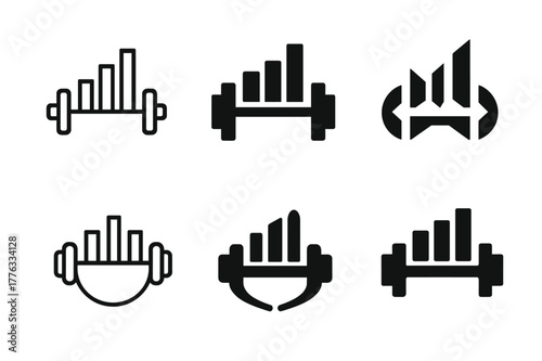 Training Load Logos. Training load. Set Logo of Training load: barbell combined with bar chart. harmonious logo variations of the same emblematic concept, each
