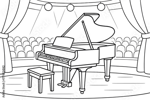 Grand Piano Coloring Page. Grand piano on stage children?s coloring book illustration, outlined drawing, a concert hall stage with a simple grand piano under