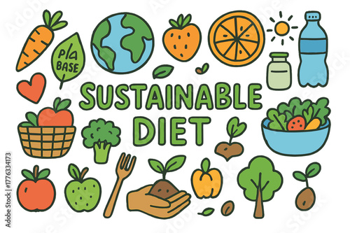 Sustainable Eating Doodles. Sustainable Diet. Colorful Hand-drawn doodle Children illustration Sustainable Diet fruits, vegetables, reusable bowl, fork,