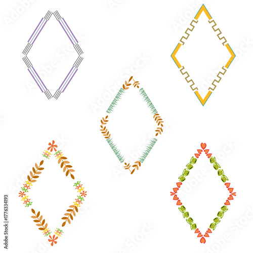 Diamond variety icon. Diverse vector pattern. Multicolor shape set. White background display