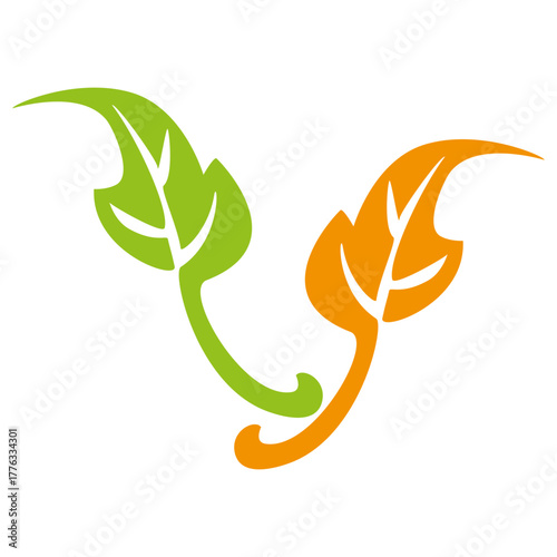 Leaf symbol icon. Vibrant vector art. Green orange shape. White background figure