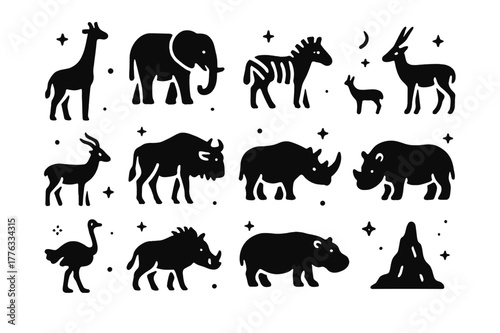 Savanna Herbivore Icons. Savanna Herbivores. Solid icons set of Savanna Herbivores: giraffe, elephant, zebra, antelope, gazelle, wildebeest, buffalo, rhino,