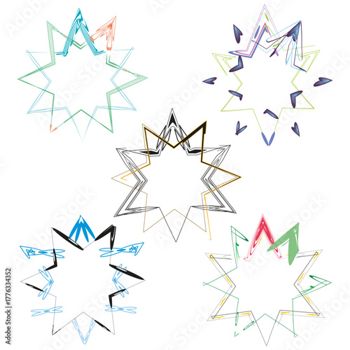 Colorful star shape. Abstract layered lines. Pointed burst figure. Vector symbol frame