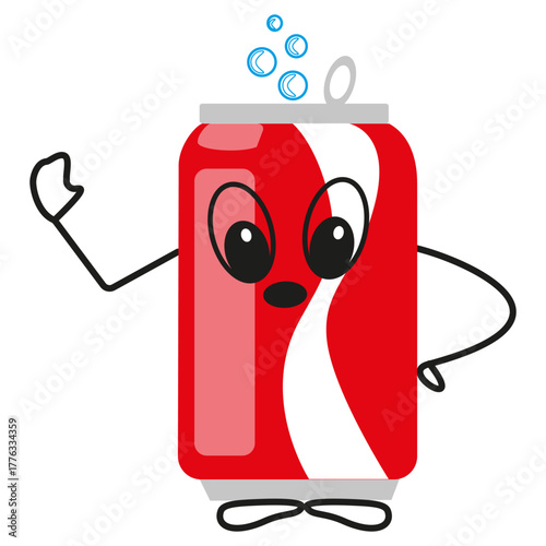 Soda can character. Cartoon red container. Bubble drink icon. Vector beverage mascot