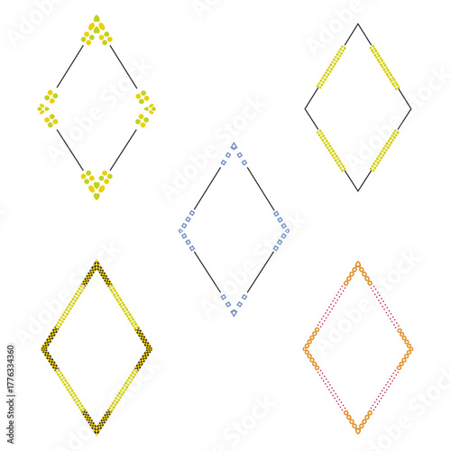 Geometric dotted frame. Colorful diamond shape. Abstract pattern border. Vector artistic form