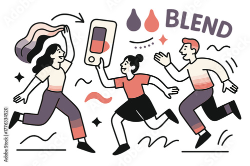 Dynamic Color Transition. Color blocking & dip dye. Strands fade from cream to bold color; ?Blend? floats as droplets turn to soft gradients. A palette card