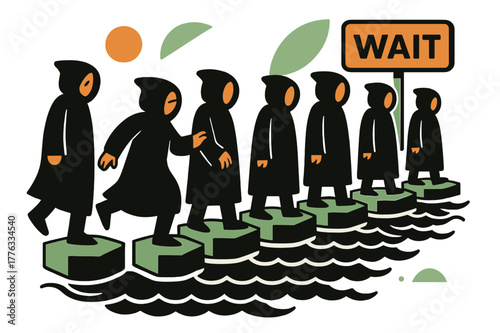 Ferryman's Abstract Queue. Ferryman?s Queue. Hooded figures stand on geometric stepping stones across a black river; a distant sign reads ?wait?. Minimal