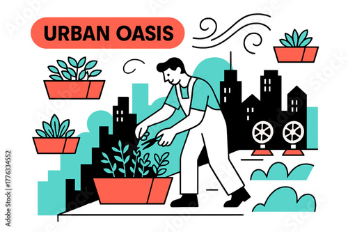 Urban Rooftop Oasis. Green infrastructure ? Rooftop gardens. City skyline hums as modular planters hover; a gardener snips herbs, wind lines swirl. ?URBAN