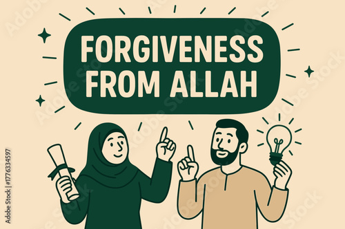 Forgiveness from Allah Banner. Forgiveness from Allah banner, flat vector illustration, bold oversized text inside rounded blob, cartoon characters standing