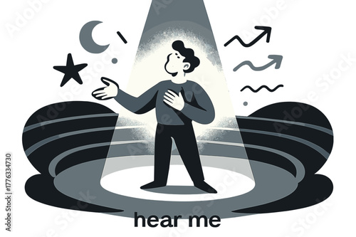 Dynamic Spotlight Monologue. Amphitheater ? Spotlight Monologue. A lone actor stands center stage; a clean cone of light slices the dusk. Whispered caption