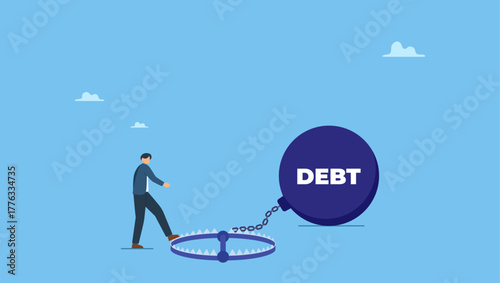Young man step on risky debt trap. Debt trap overspending causing danger debt, temptation buying, loan or credit card obligation, money burden despair, financial trap failure or bankruptcy.