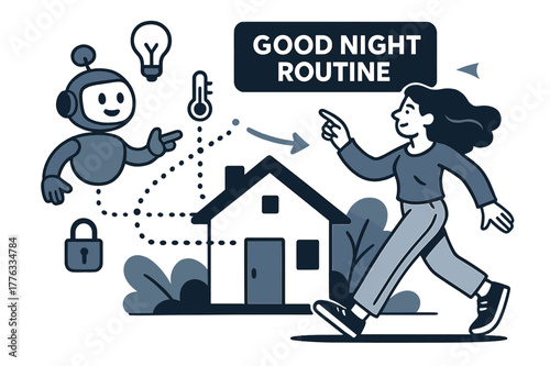 AI Smart Home. AI Assistants ? Smart Home Steward. The assistant orchestrates lights, thermostat, and locks; dotted signals flow house-wide. Tag ?good night