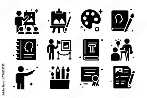Art Education Icons. Art education. Solid icons set of art education: art class, drawing easel, color palette, student notebook, museum tour guide, art history