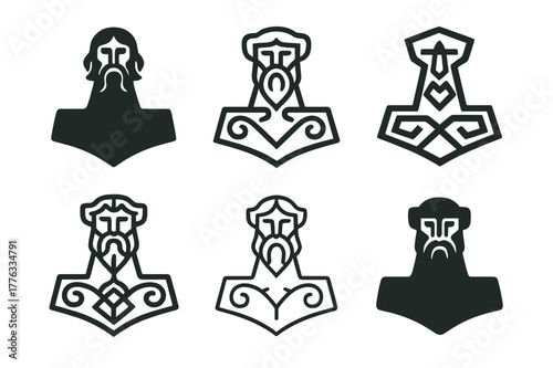 Mystical Deity Logos. Ancient gods and goddesses in a mystical landscape. Set Logo of Ancient gods and goddesses in a mystical landscape: Thor Mjolnir hammer.