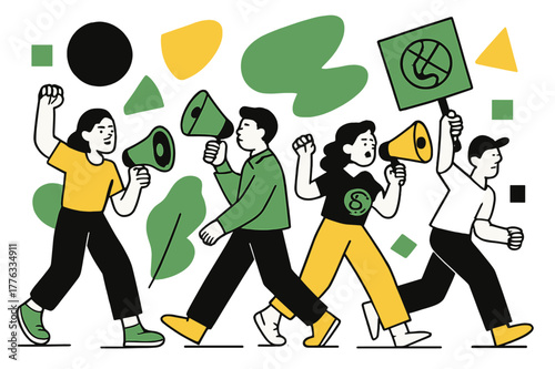 Vibrant Environmental Protest. Environmental Protests. People marching with megaphones and floating abstract geometric shapes, vibrant and activist-driven