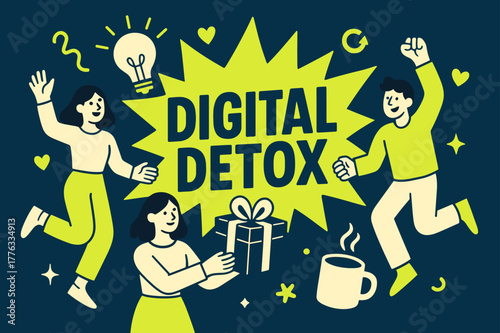 Digital Detox Celebration. Digital Detox banner, flat vector illustration, bold oversized text inside splash explosion banner, cartoon characters dancing and