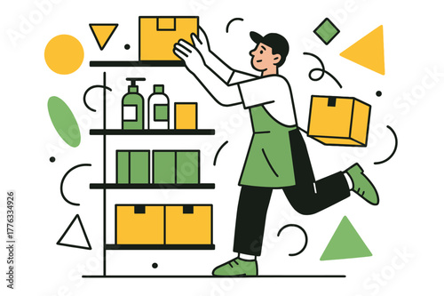 Efficient Store Restocking. Restocking Supplies. Employee arranging boxes and products on store shelves with floating abstract geometric shapes, efficient and