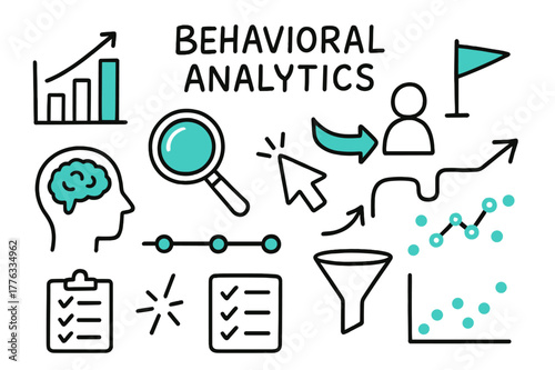 Behavioral Analytics Doodles. // Behavioral analytics. Hand-drawn doodle illustration Behavioral analytics [graph (accented), magnifying glass (accented),