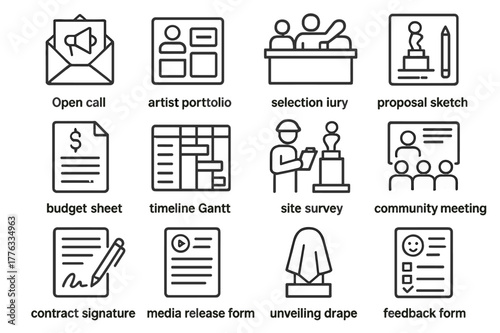 Public Art Icons. Public Art Curation. Line icon set of Public Art Curation: open call notice, artist portfolio, selection jury, proposal sketch, budget sheet,