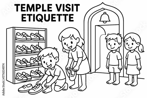 Temple Visit Coloring Page. Temple visit etiquette children?s coloring book illustration, outlined drawing, visitors removing shoes and placing them on a rack