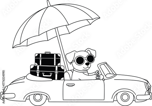 Dog driving car with luggage and umbrella coloring page vector