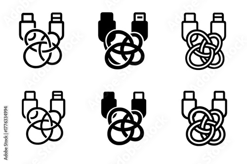 Charging Cable Logos. Charging cable mess. Set Logo of Charging cable mess: USB-C and lightning tangle. harmonious logo variations of the same emblematic