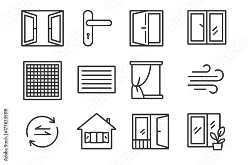 Fresh Air Icons. Letting Fresh Air In. Line icon set of Letting Fresh Air In: open window, window handle, swinging casement, sliding window, window screen,