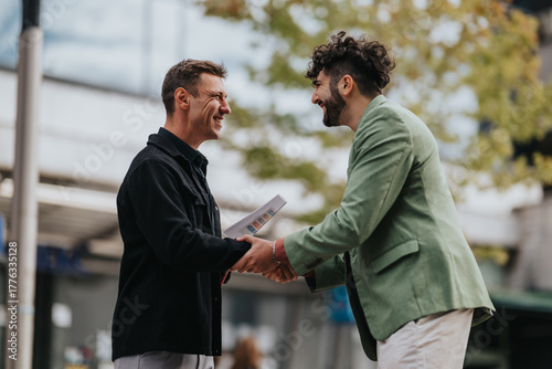 Schilderij op canvas Two men meet outside in an urban setting, smiling as they shake hands and pass a document