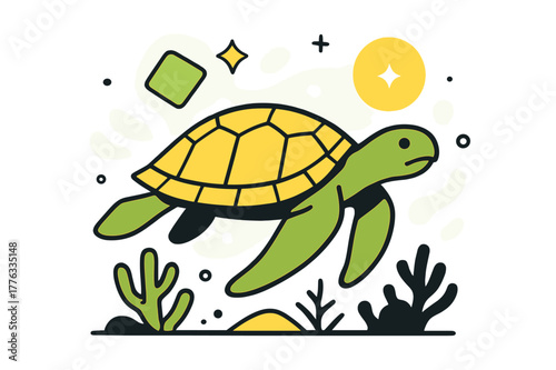 Turtle's Geometric Journey. Endangered Species. Sea turtle swimming through coral reef with floating abstract geometric shapes and soft glowing accents, serene