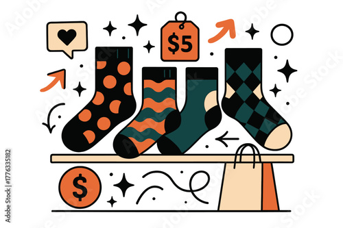 Patterned Socks Display. Socks. Display of patterned socks on store shelf with abstract floating price tags, icons, and sparkles; conveys shopping, fashion,