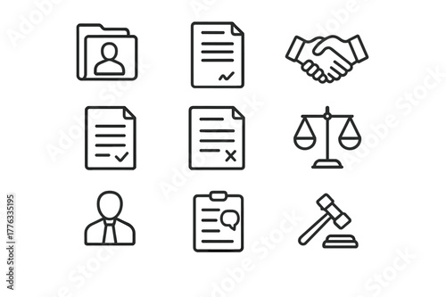 Employment Law Icons. Employment Law. Line icon set of Employment Law: employee file, contract document, handshake, job offer paper, termination notice,