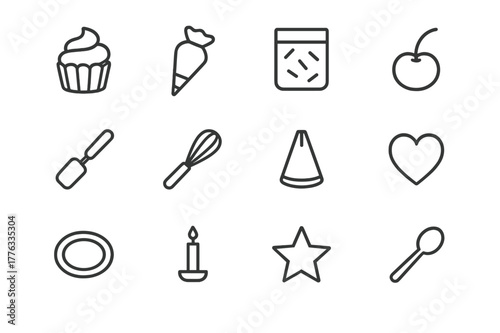 Cupcake Decoration Icons. Decorating cupcakes. Line icon set of cupcake decorating: cupcake, frosting bag, sprinkles, cherry, spatula, whisk, piping tip,