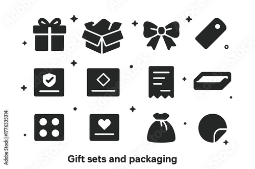Gift Packaging Icons. Gift sets and packaging. Solid icons set of gift sets and packaging: gift box, tissue paper, ribbon bow, brand tag, warranty card,