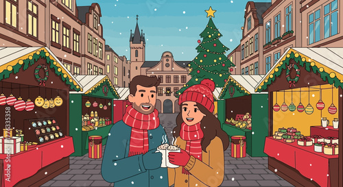 Festive christmas market scene with couple enjoying hot cocoa amidst holiday cheer and charming
