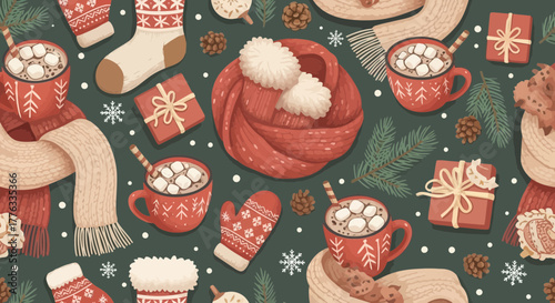 Festive winter seamless pattern featuring cozy elements and seasonal treats illustration