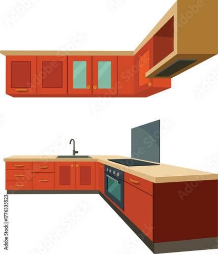 Modern L-shaped kitchen cabinetry with sleek orange finish and integrated appliances, perfect for contemporary home design.