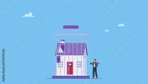 Worried house owner businessman standing with his house inside locked bird cage. Mortgage payment problem, housing debt in economic crisis.
