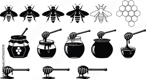 Vector honey bees honeycombs honey pots and honey dippers set