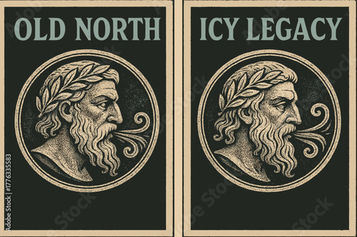 Retro Icy Banners. Ancient Chill. Two vertical A6 banners with safe margins, centered composition, no elements touching edges, retro, charcoal and icy blue,