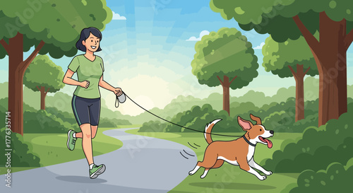 Illustration of a woman jogging with her dog in a park on a sunny day for healthy lifestyle