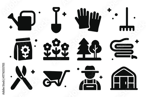 Gardening Icon Set. Gardening. Solid icons set of gardening: water can, shovel, gloves, rake, seeds, flowers, trees, garden hose, pruning shears, wheelbarrow,