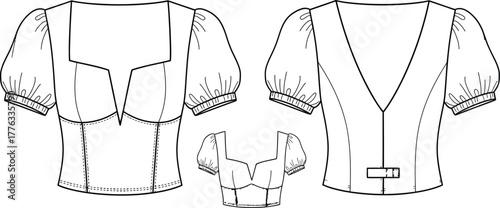 Technical drawing blouse puff sleeves vector fashion design