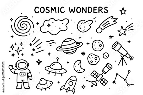 Cosmic Doodle Icons. Cosmic wonders. Hand-drawn doodle illustration cosmic wonders galaxy spiral, nebula, comet, meteor shower, star cluster, ringed planet,