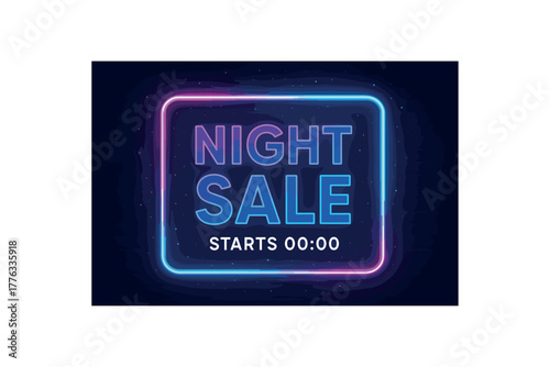 flat vector banner NIGHT SALE neon pink/blue gradient tubes framing headline brick hint background glitter particles subline STARTS 00:00 nightlife promo