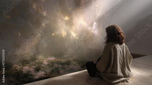 Luminous divine light illuminating a person from behind sitting on a ledge, contemplating a fantastical landscape of cosmic clouds and flowering fields in a moment of spiritual mindfulness