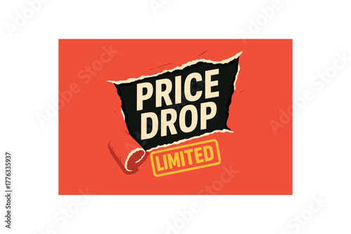 flat vector banner PRICE DROP tornpaper reveal: red tear exposing black headline LIMITED stamp dramatic retail moment