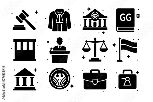 German Courtroom Icons. Courtrooms in Germany. Solid icons set of German courtrooms: German gavel, judge robe, Bundesgerichtshof, legal code book, defendant