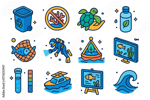Ocean Conservation Icons. Ocean conservation. Colorful isometric vector icons set of ocean conservation: recycling bin, coral reef protection sign, turtle